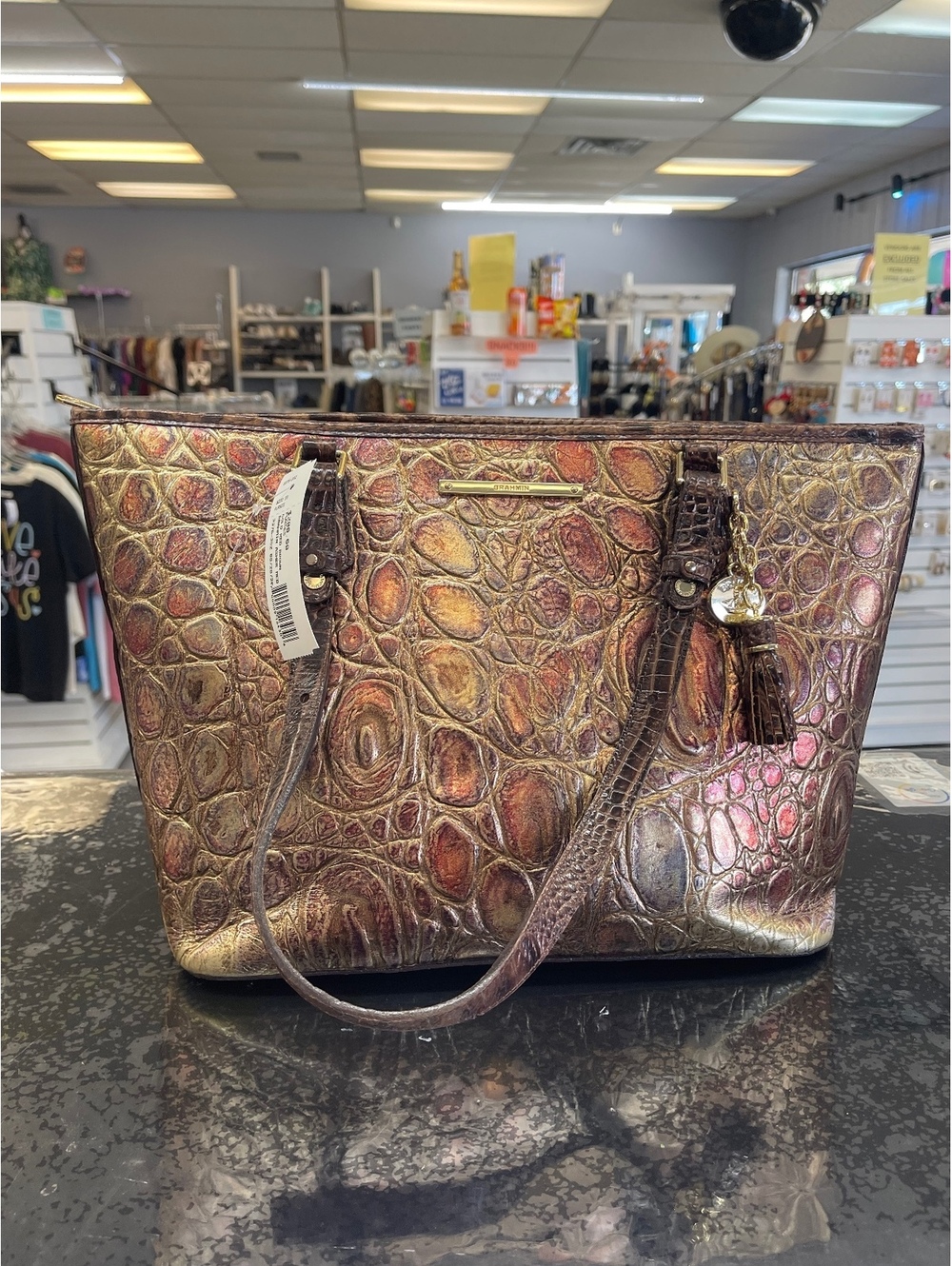 Brahmin Metallic Gold Croc-Embossed Leather Tote Bag with Brown Straps and Tassl